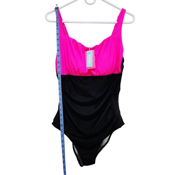 Pink & Black One-Piece Swimsuit Ruching & Adjustable Straps Aqua Eve Size XL - Picture 3 of 9